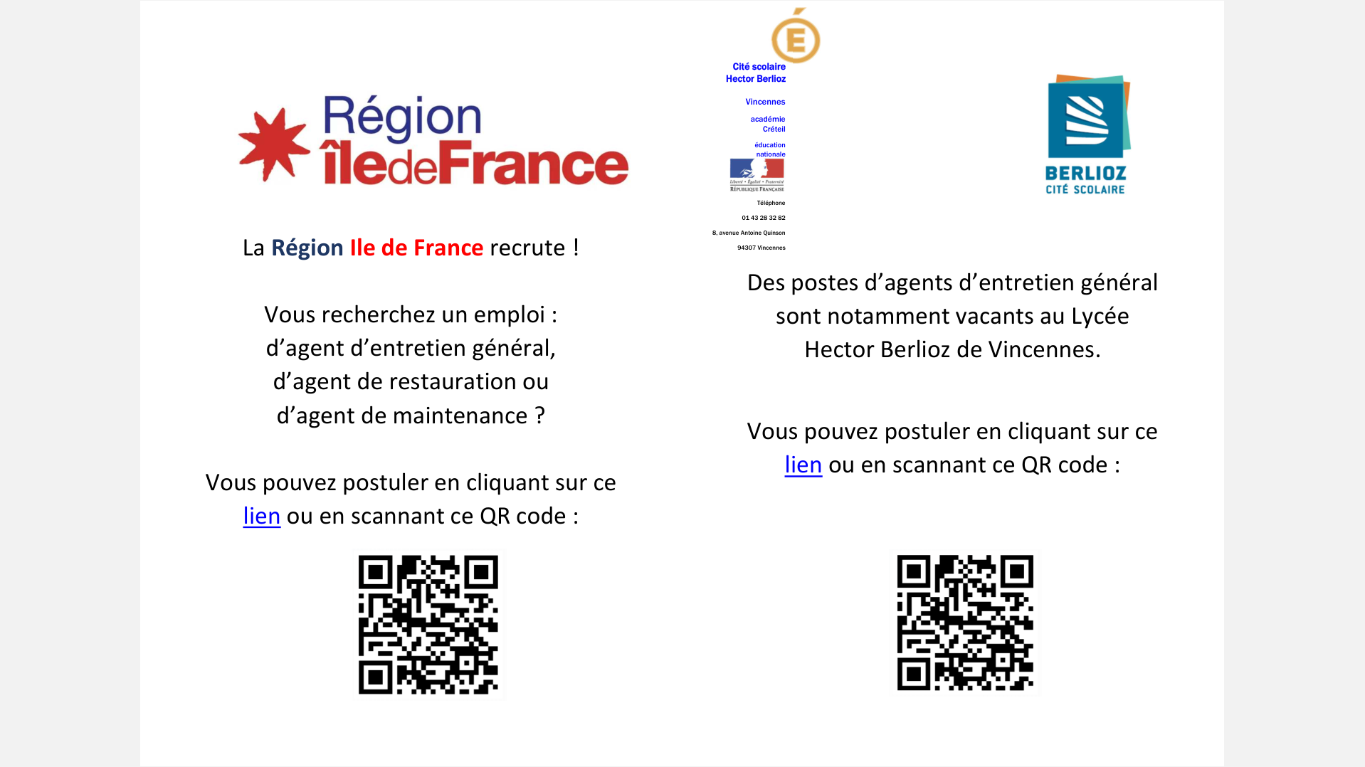 La Région Ile-de-France et notre établissement recrutent